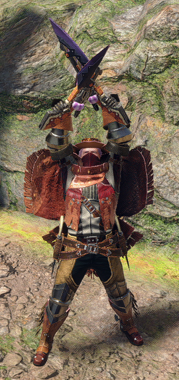 A Monster Hunter character holding up two small blades